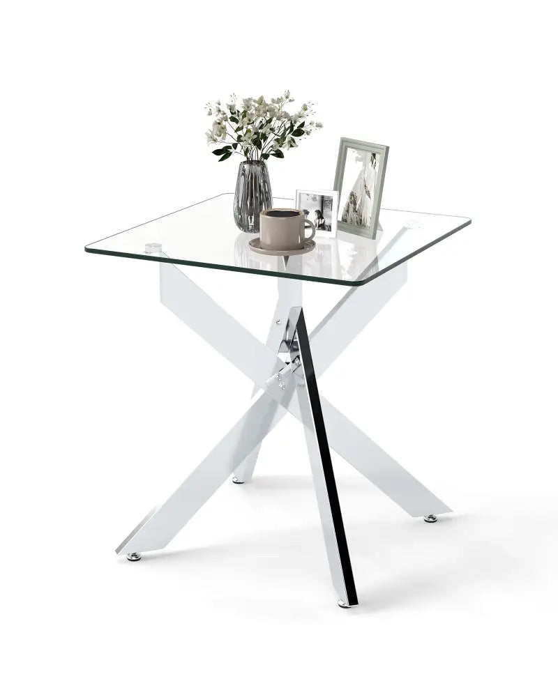 Glass Side Table Square End Table with Tempered Glass Top and Metal X Base-Silver - Silver - End & Side Tables