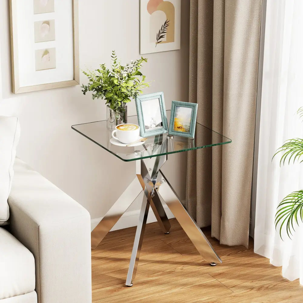 Glass Side Table Square End Table with Tempered Glass Top and Metal X Base-Silver - Silver - End & Side Tables