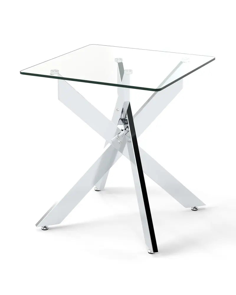Glass Side Table Square End Table with Tempered Glass Top and Metal X Base-Silver - Silver - End & Side Tables