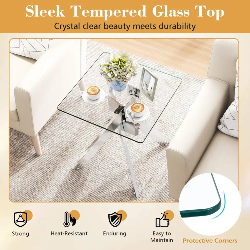 Glass Side Table Square End Table with Tempered Glass Top and Metal X Base-Silver - Silver - End & Side Tables