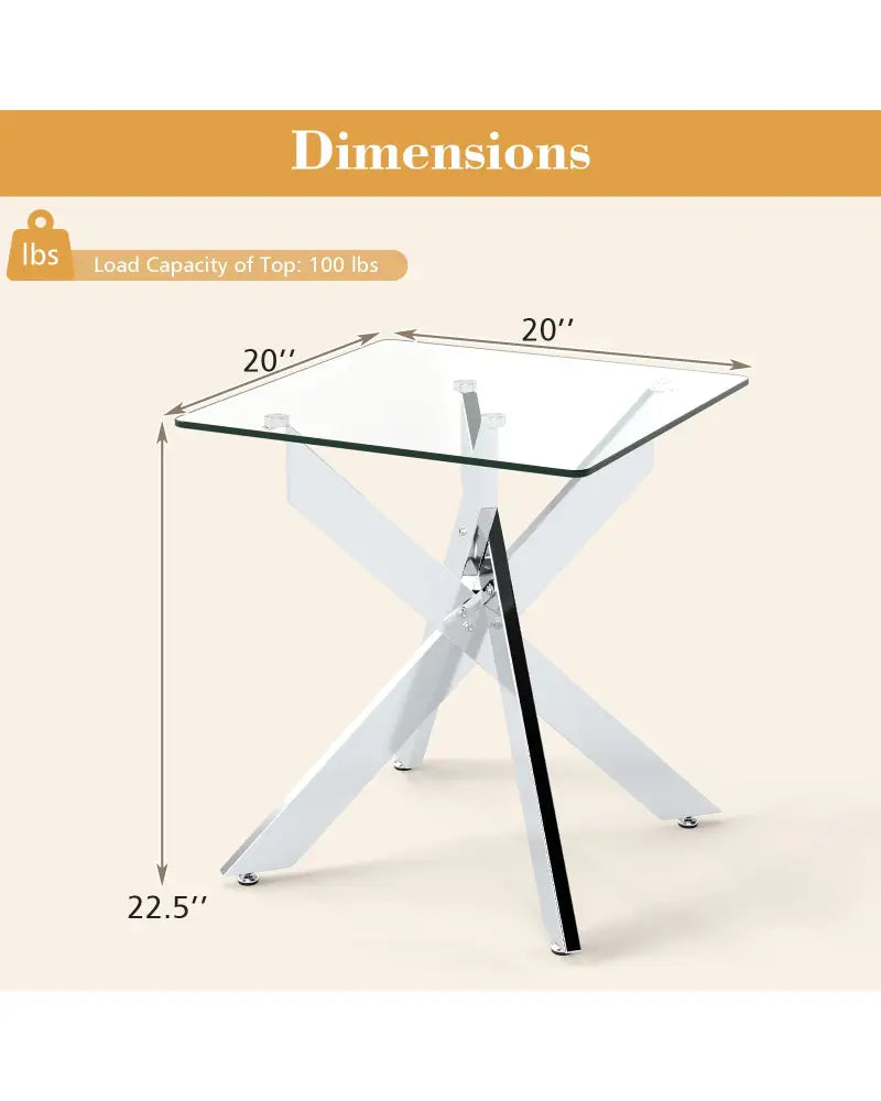 Glass Side Table Square End Table with Tempered Glass Top and Metal X Base-Silver - Silver - End & Side Tables