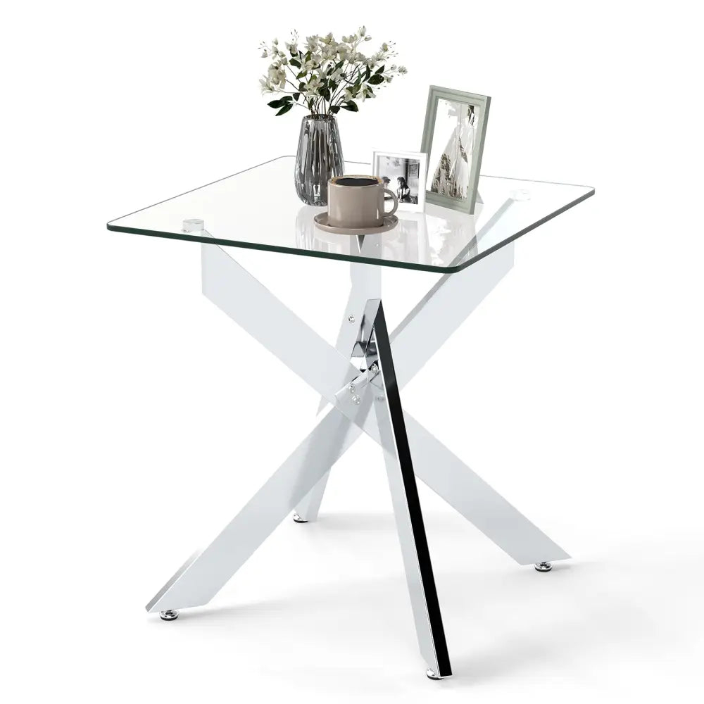 Glass Side Table Square End Table with Tempered Glass Top and Metal X Base-Silver - Silver - End & Side Tables