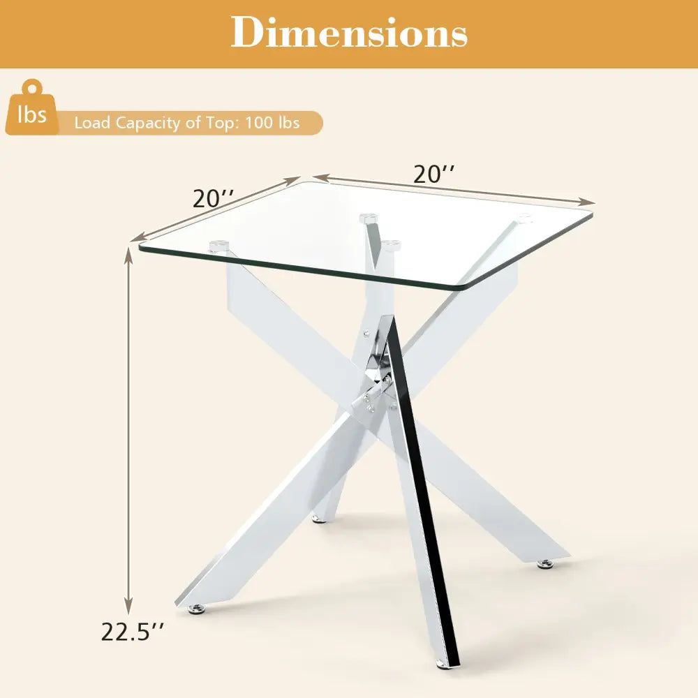 Glass Side Table Square End Table with Tempered Glass Top and Metal X Base-Silver - Silver - End & Side Tables