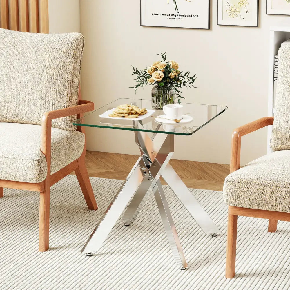 Glass Side Table Square End Table with Tempered Glass Top and Metal X Base-Silver - Silver - End & Side Tables