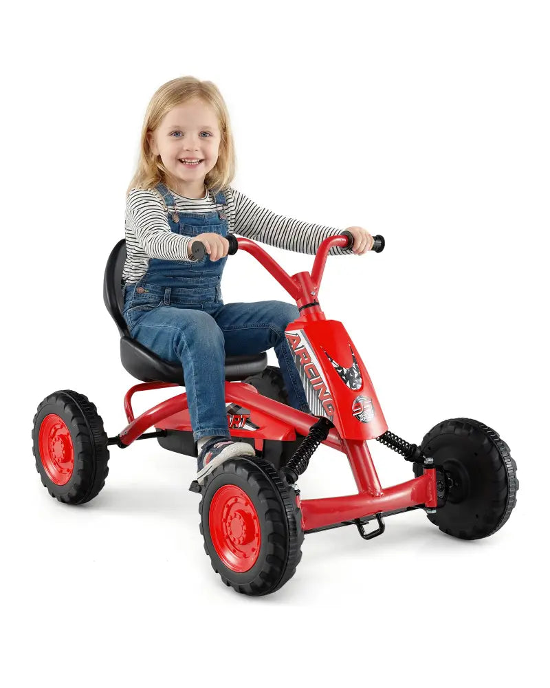 Go Kart for Kids 4 Wheel with Steering Handlebars and Adjustable Seat-Red - Red - Push & Pedal Ride On Toys