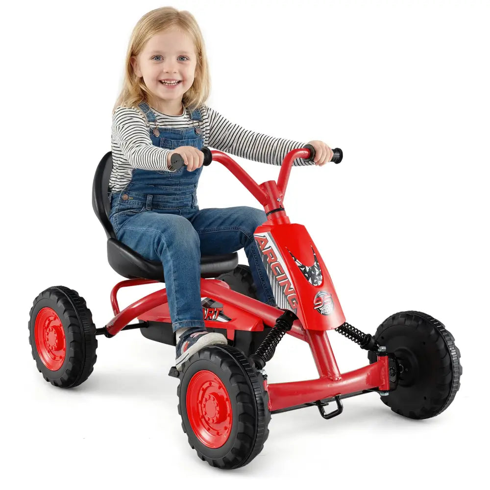 Go Kart for Kids 4 Wheel with Steering Handlebars and Adjustable Seat-Red - Red - Push & Pedal Ride On Toys