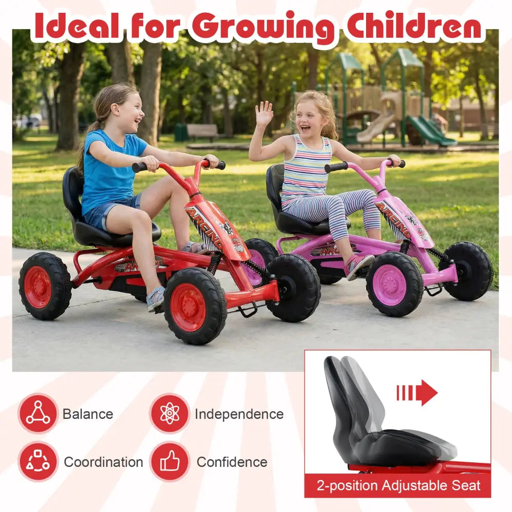 Go Kart for Kids 4 Wheel with Steering Handlebars and Adjustable Seat-Red - Red - Push & Pedal Ride On Toys