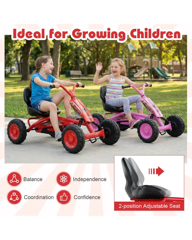 Go Kart for Kids 4 Wheel with Steering Handlebars and Adjustable Seat-Red - Red - Push & Pedal Ride On Toys