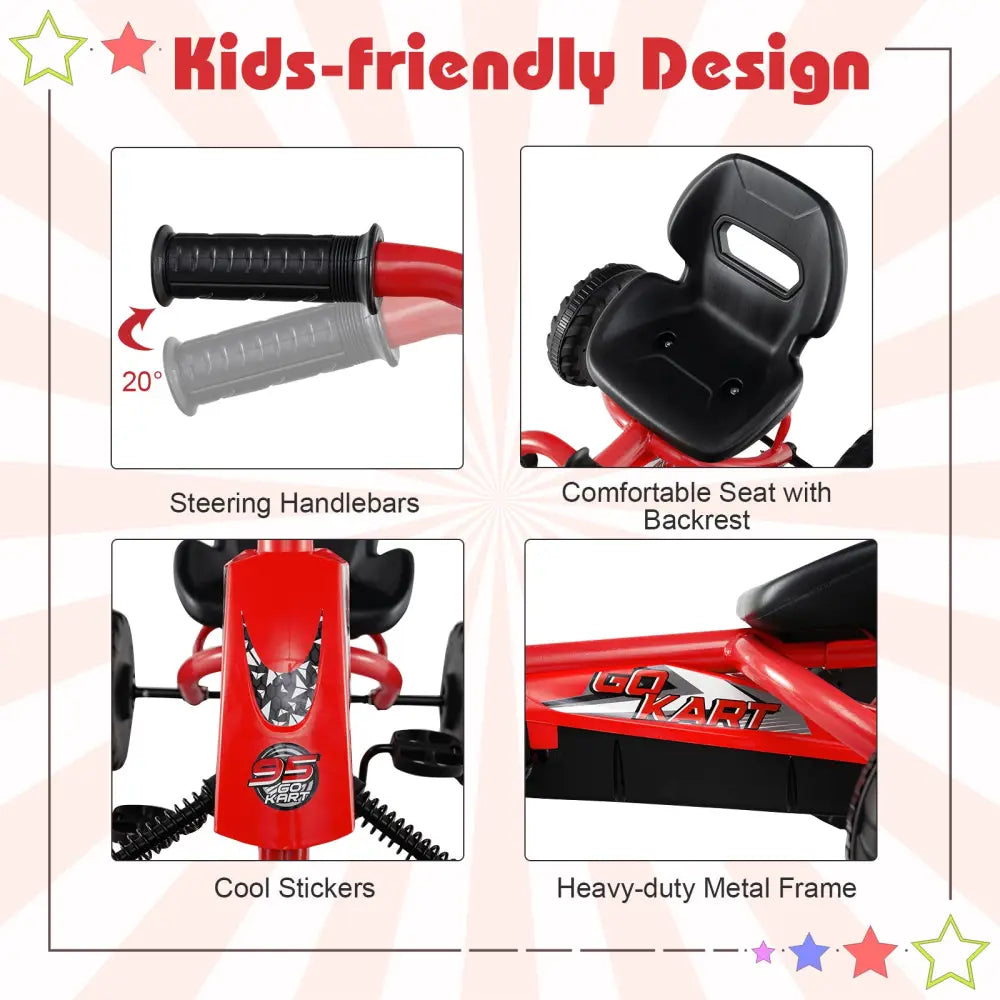 Go Kart for Kids 4 Wheel with Steering Handlebars and Adjustable Seat-Red - Red - Push & Pedal Ride On Toys