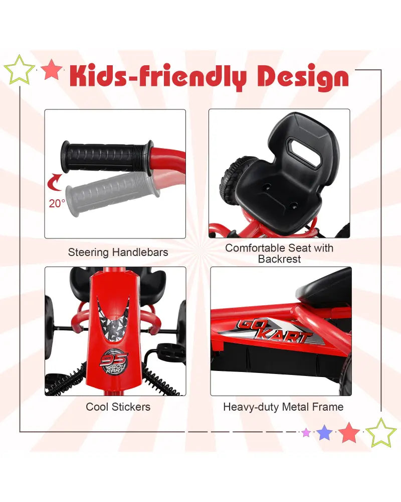 Go Kart for Kids 4 Wheel with Steering Handlebars and Adjustable Seat-Red - Red - Push & Pedal Ride On Toys