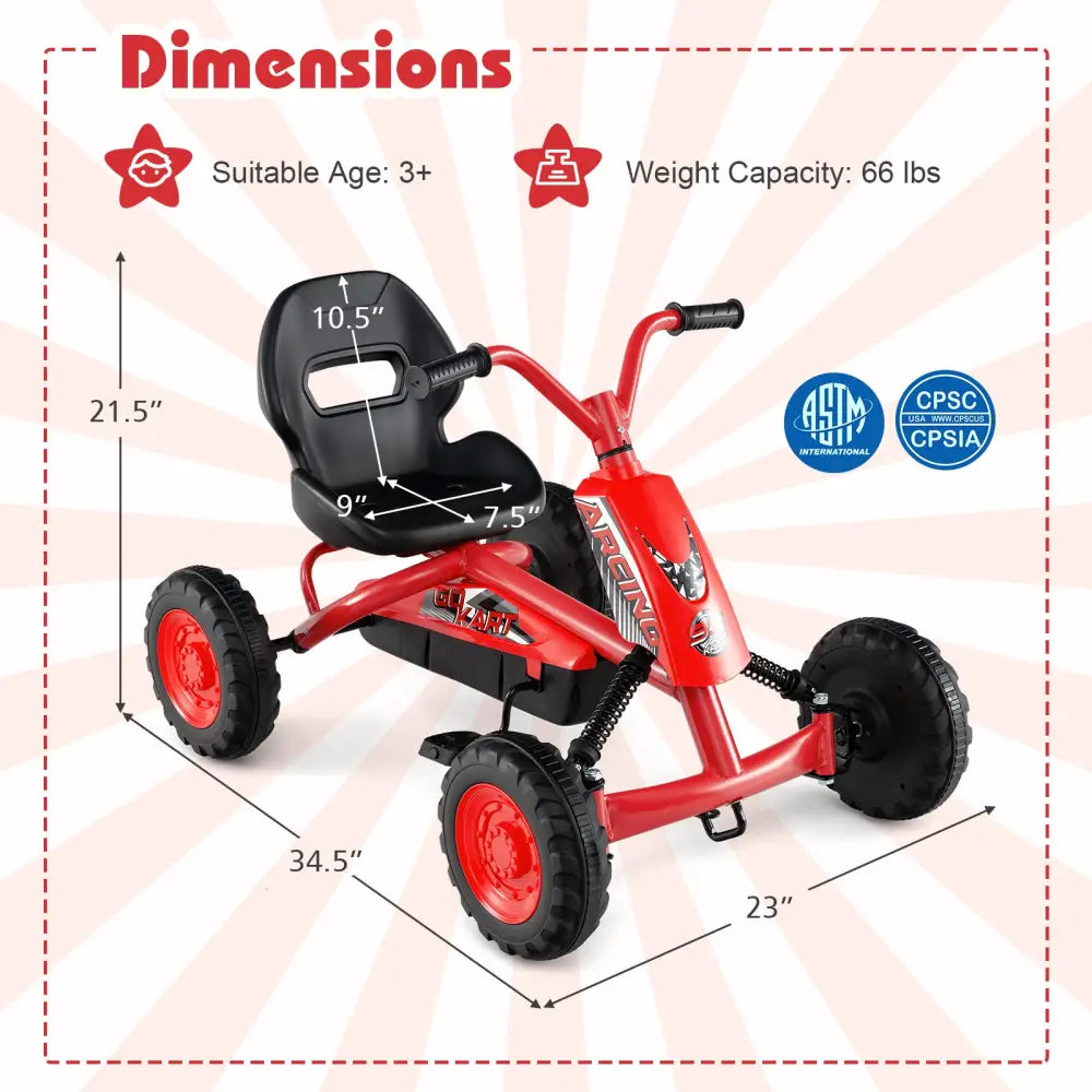 Go Kart for Kids 4 Wheel with Steering Handlebars and Adjustable Seat-Red - Red - Push & Pedal Ride On Toys