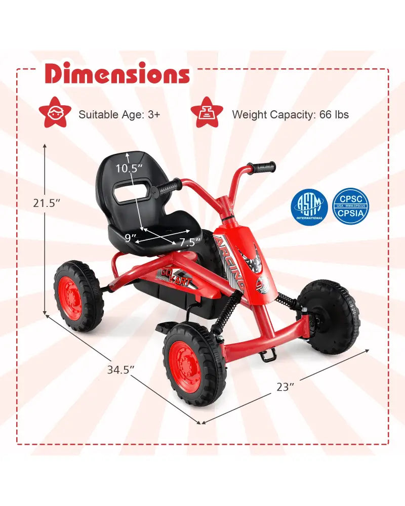 Go Kart for Kids 4 Wheel with Steering Handlebars and Adjustable Seat-Red - Red - Push & Pedal Ride On Toys