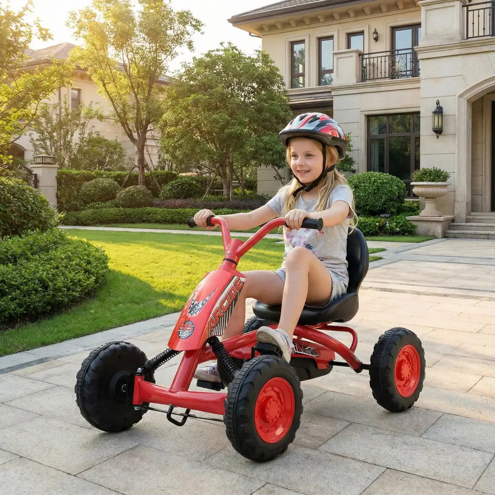 Go Kart for Kids 4 Wheel with Steering Handlebars and Adjustable Seat-Red - Red - Push & Pedal Ride On Toys