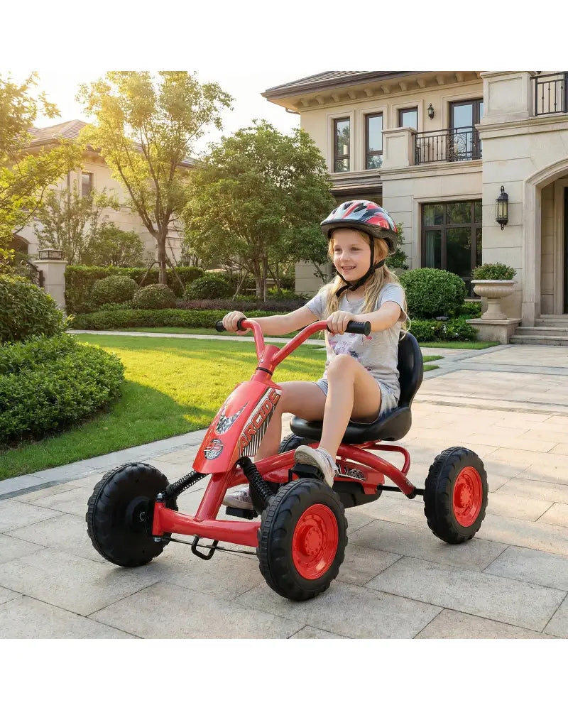 Go Kart for Kids 4 Wheel with Steering Handlebars and Adjustable Seat-Red - Red - Push & Pedal Ride On Toys