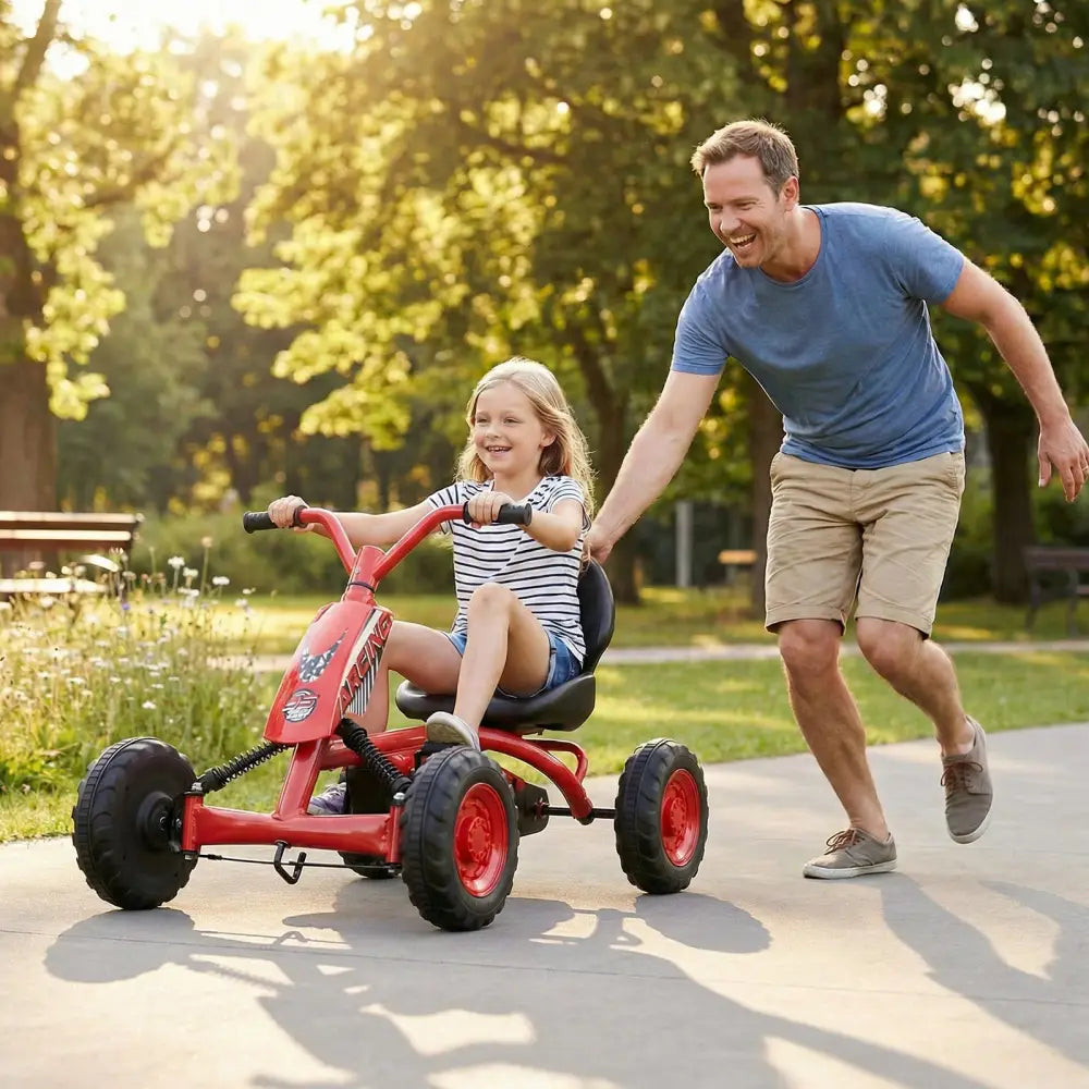 Go Kart for Kids 4 Wheel with Steering Handlebars and Adjustable Seat-Red - Red - Push & Pedal Ride On Toys