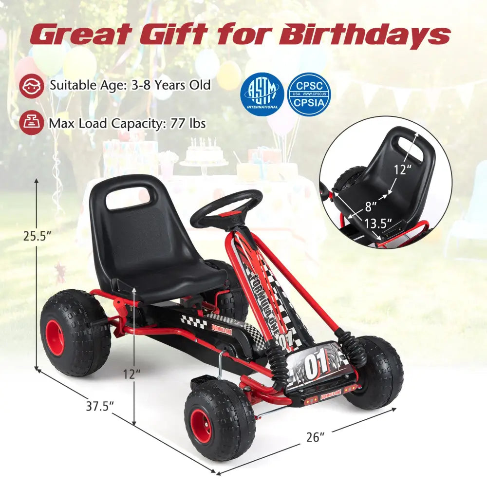 Go Kart for Kids 4 Wheels Pedal with Adjustable Seat and Multi-Terrain Wheels-Red - Red - Push & Pedal Ride On Toys