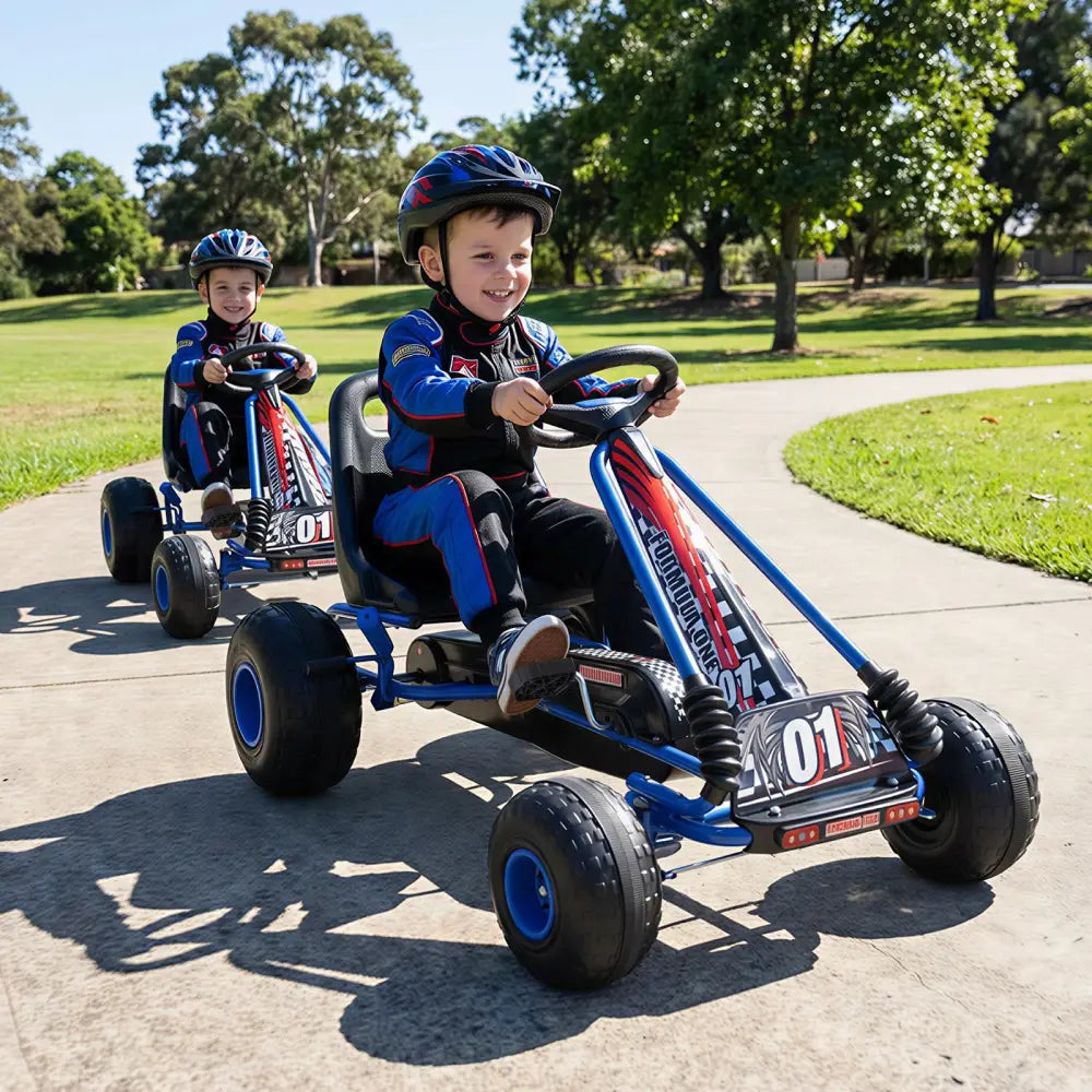 Go Kart for Kids 4 Wheels Pedal with Adjustable Seat and Multi-Terrain Wheels-Blue - Blue - Push & Pedal Ride On Toys