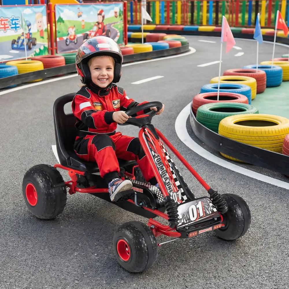 Go Kart for Kids 4 Wheels Pedal with Adjustable Seat and Multi-Terrain Wheels-Red - Red - Push & Pedal Ride On Toys