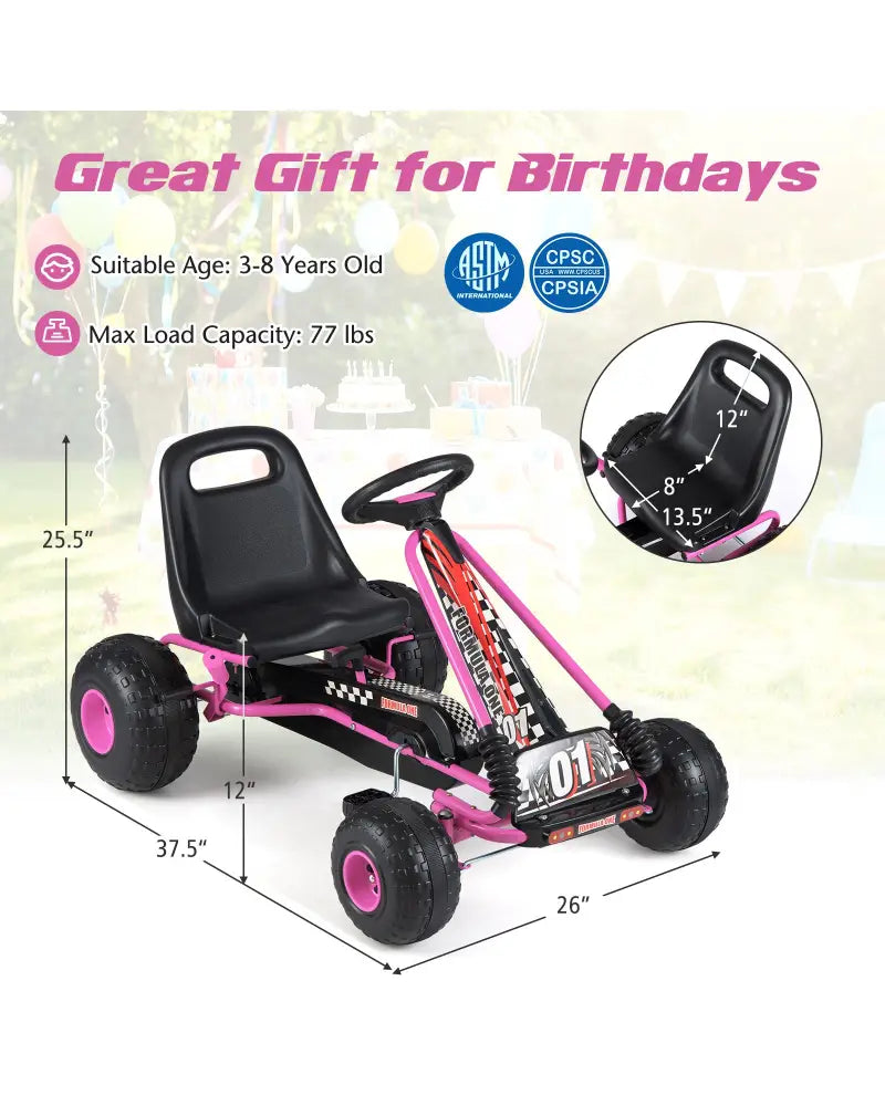 Go Kart for Kids 4 Wheels Pedal with Adjustable Seat and Multi-Terrain Wheels-Pink - Pink - Push & Pedal Ride On Toys