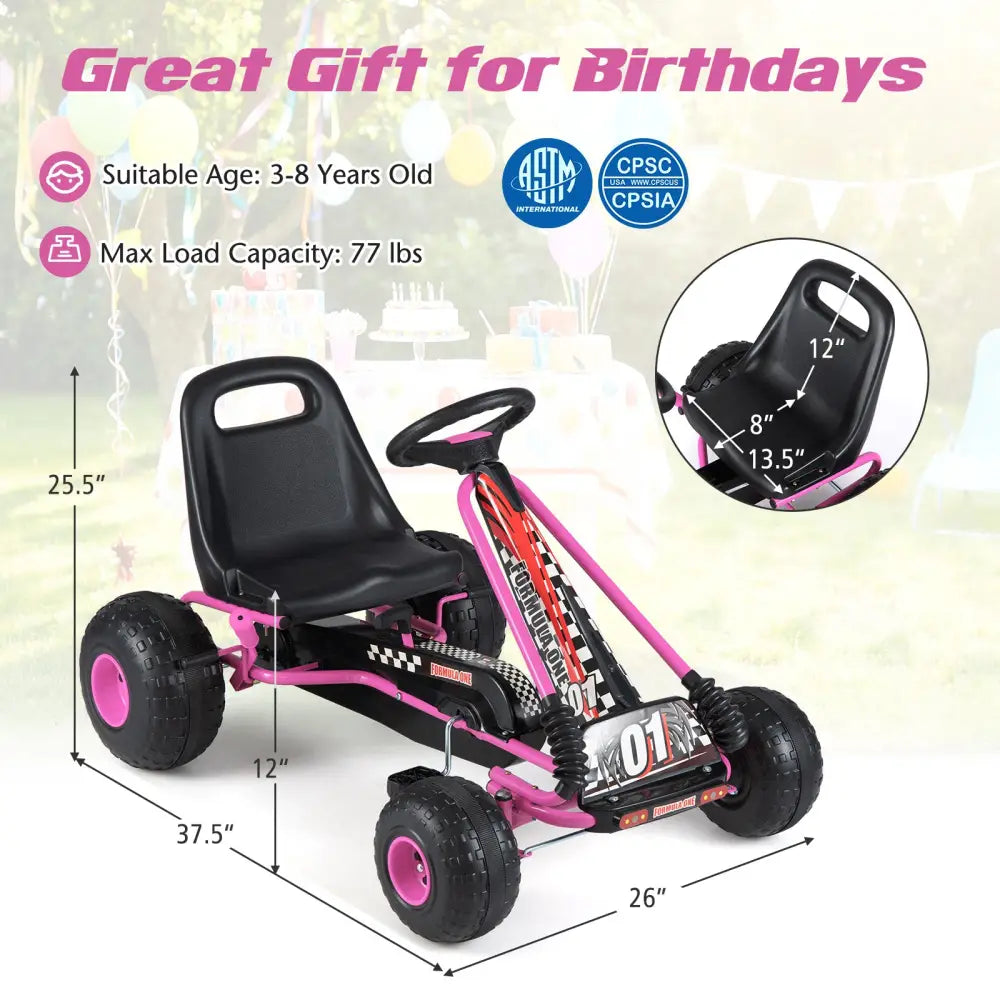 Go Kart for Kids 4 Wheels Pedal with Adjustable Seat and Multi-Terrain Wheels-Pink - Pink - Push & Pedal Ride On Toys