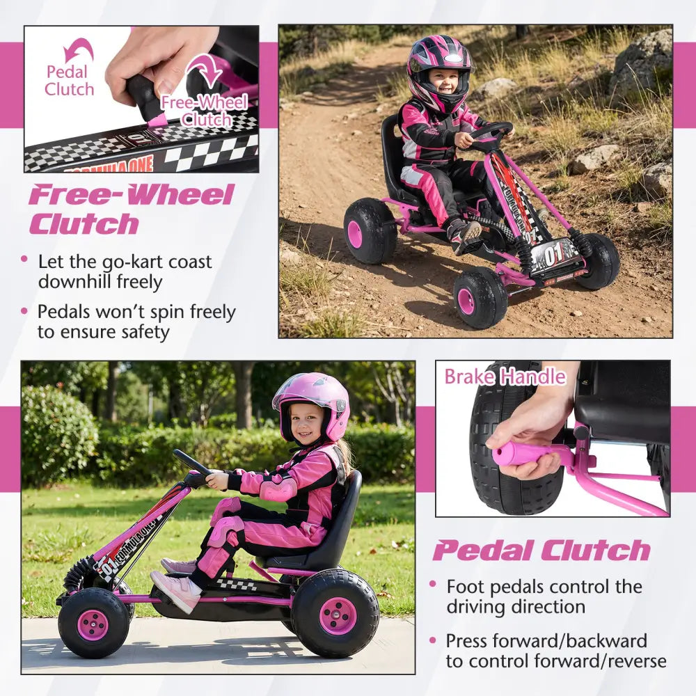 Go Kart for Kids 4 Wheels Pedal with Adjustable Seat and Multi-Terrain Wheels-Pink - Pink - Push & Pedal Ride On Toys