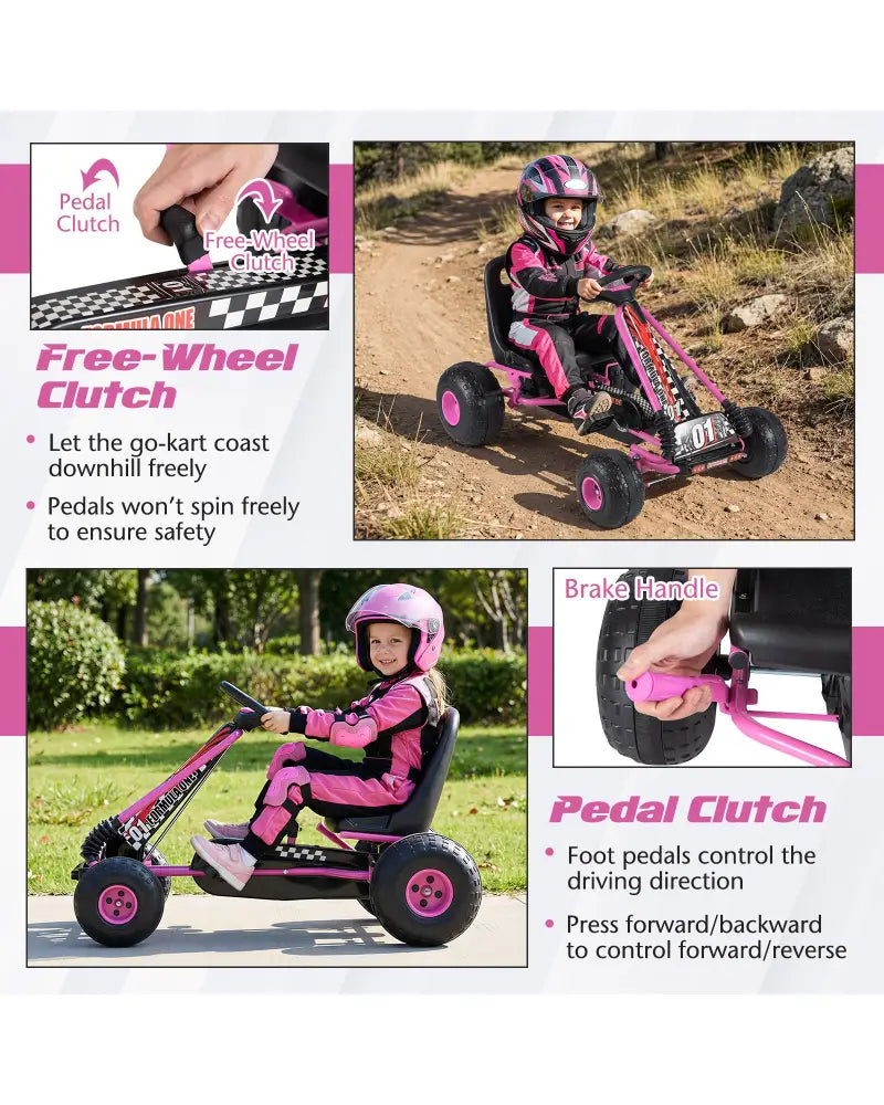 Go Kart for Kids 4 Wheels Pedal with Adjustable Seat and Multi-Terrain Wheels-Pink - Pink - Push & Pedal Ride On Toys