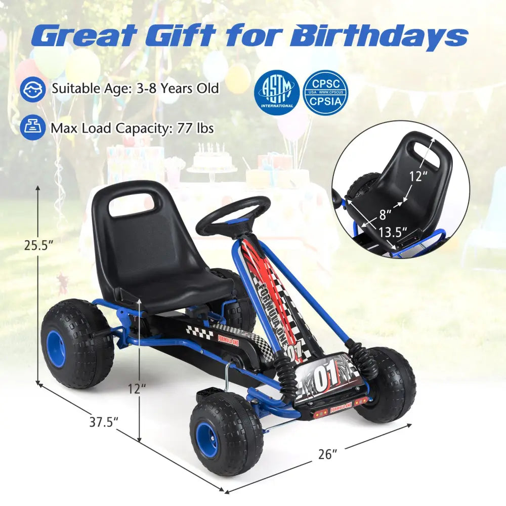 Go Kart for Kids 4 Wheels Pedal with Adjustable Seat and Multi-Terrain Wheels-Blue - Blue - Push & Pedal Ride On Toys