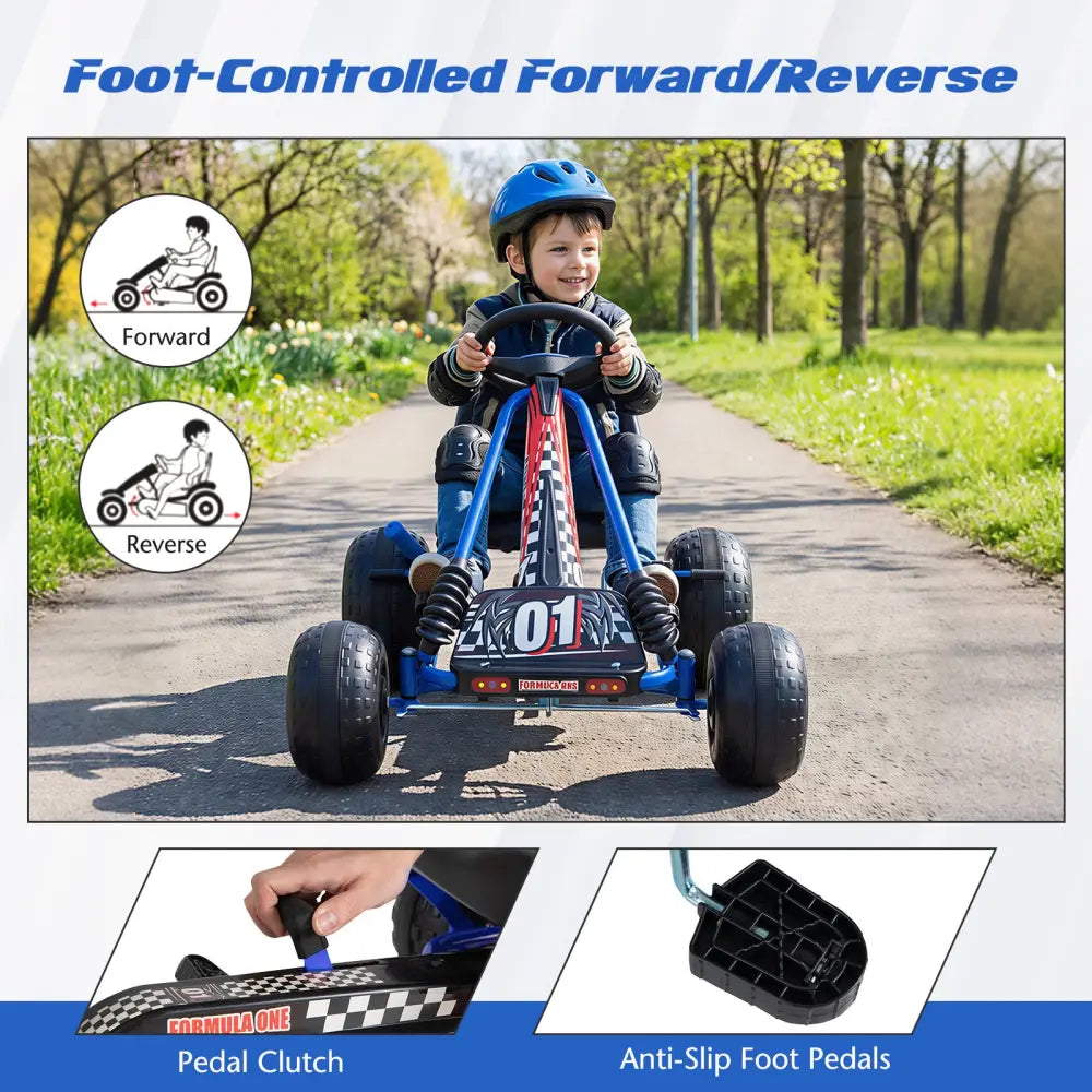 Go Kart for Kids 4 Wheels Pedal with Adjustable Seat and Multi-Terrain Wheels-Blue - Blue - Push & Pedal Ride On Toys