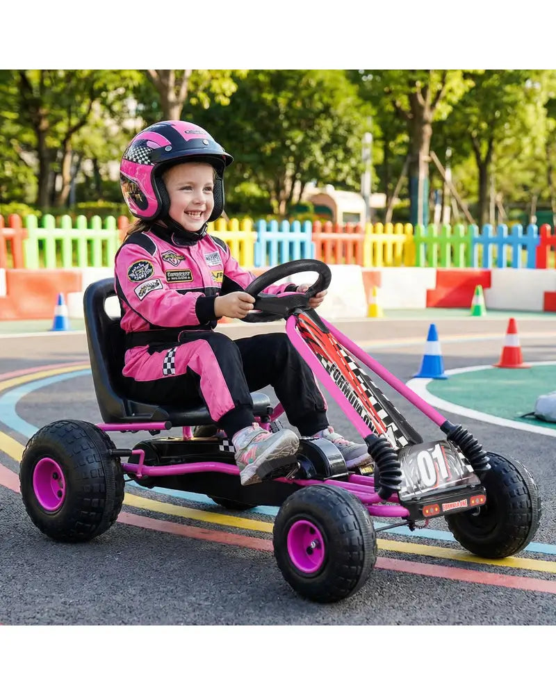 Go Kart for Kids 4 Wheels Pedal with Adjustable Seat and Multi-Terrain Wheels-Pink - Pink - Push & Pedal Ride On Toys