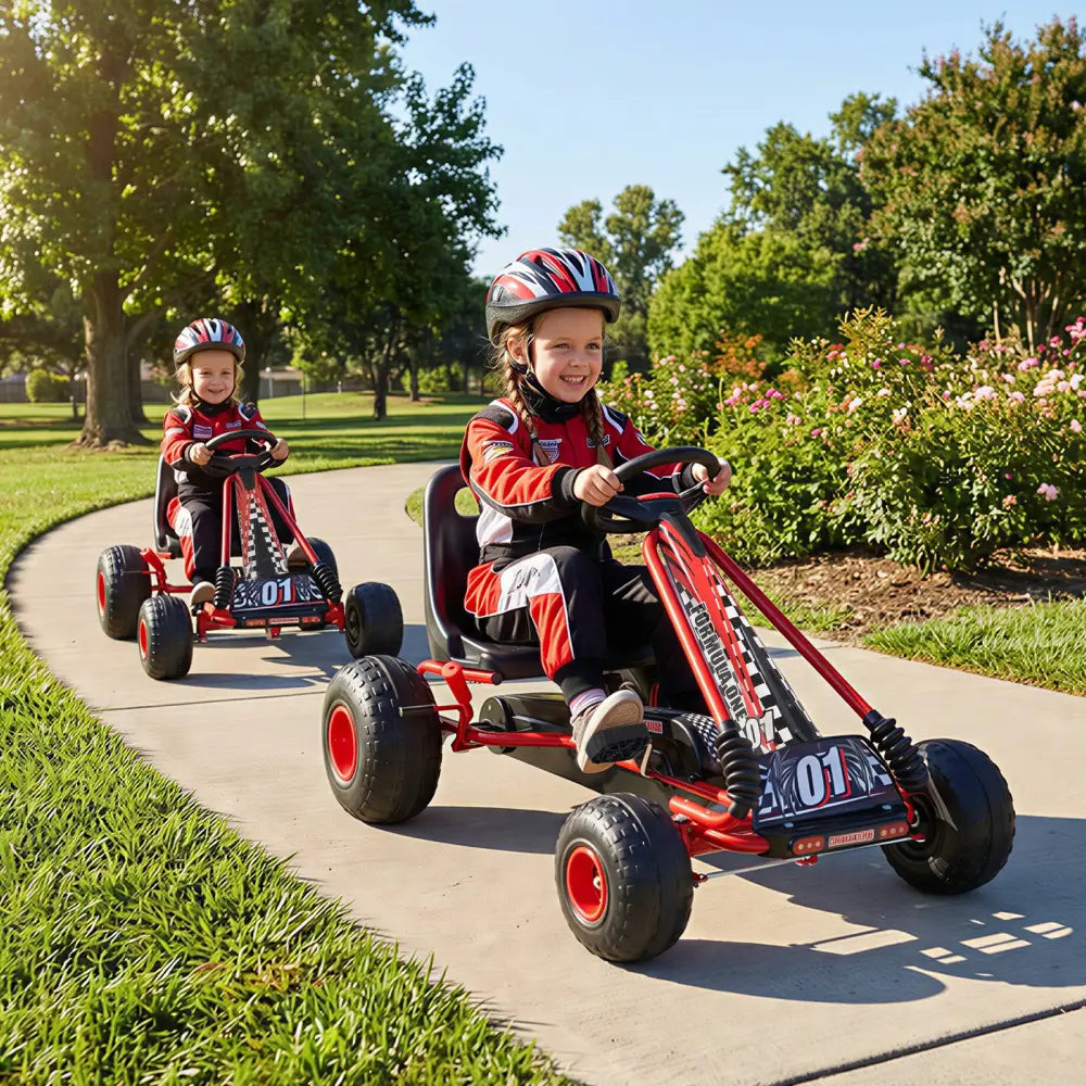 Go Kart for Kids 4 Wheels Pedal with Adjustable Seat and Multi-Terrain Wheels-Red - Red - Push & Pedal Ride On Toys