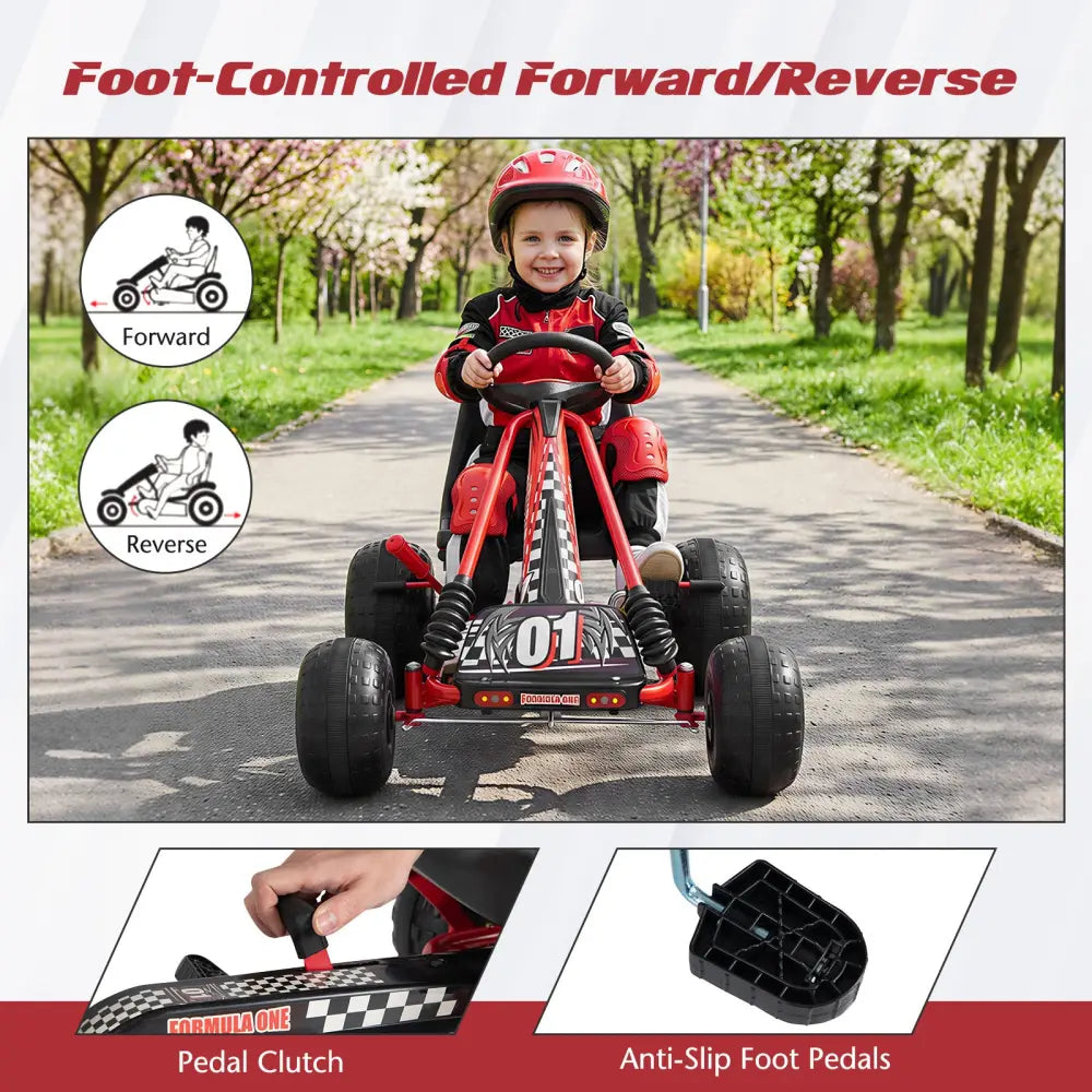 Go Kart for Kids 4 Wheels Pedal with Adjustable Seat and Multi-Terrain Wheels-Red - Red - Push & Pedal Ride On Toys