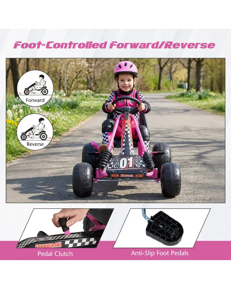 Go Kart for Kids 4 Wheels Pedal with Adjustable Seat and Multi-Terrain Wheels-Pink - Pink - Push & Pedal Ride On Toys