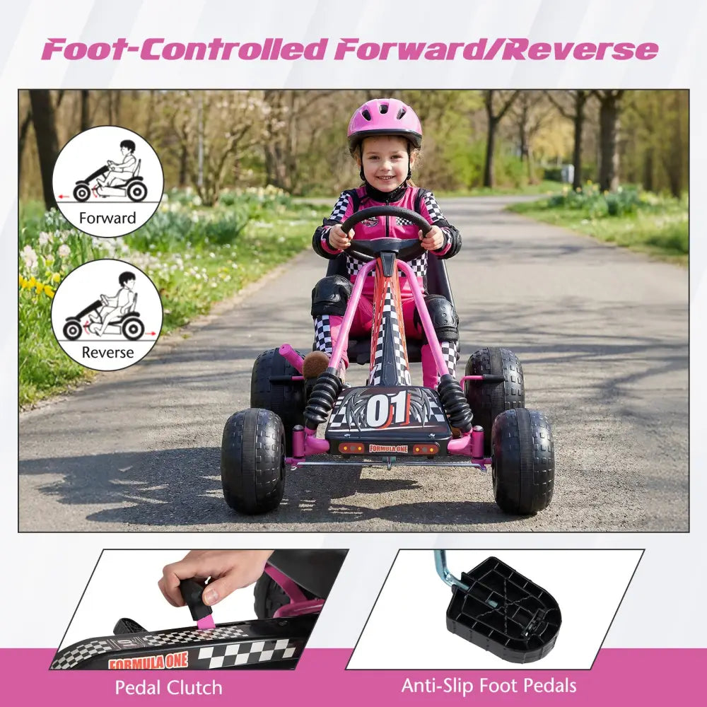 Go Kart for Kids 4 Wheels Pedal with Adjustable Seat and Multi-Terrain Wheels-Pink - Pink - Push & Pedal Ride On Toys