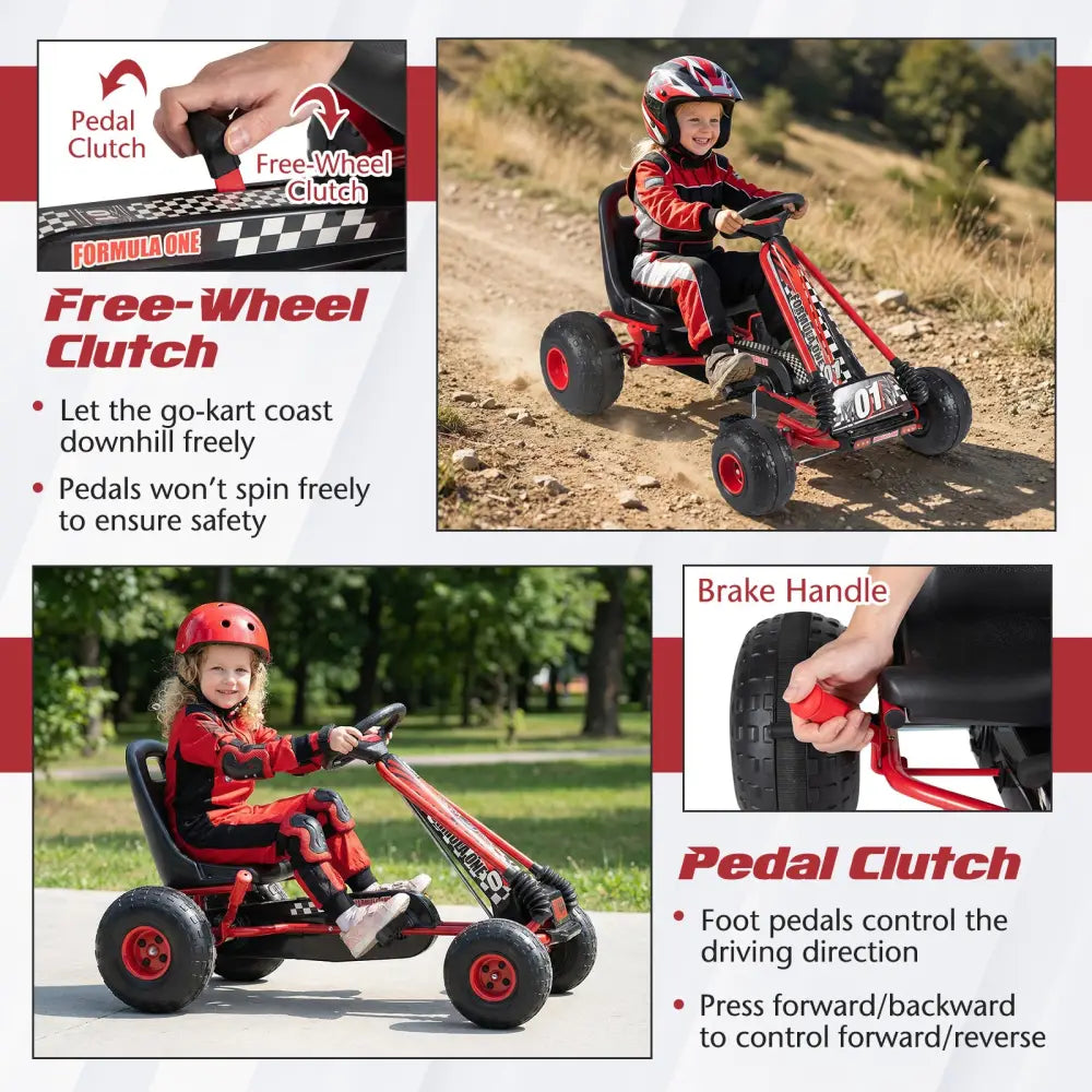 Go Kart for Kids 4 Wheels Pedal with Adjustable Seat and Multi-Terrain Wheels-Red - Red - Push & Pedal Ride On Toys