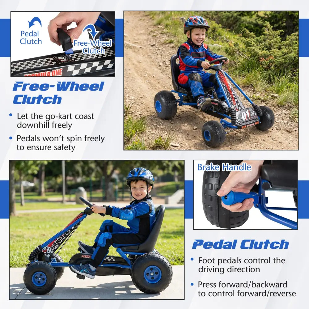 Go Kart for Kids 4 Wheels Pedal with Adjustable Seat and Multi-Terrain Wheels-Blue - Blue - Push & Pedal Ride On Toys