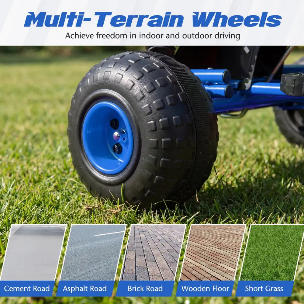 Go Kart for Kids 4 Wheels Pedal with Adjustable Seat and Multi-Terrain Wheels-Blue - Blue - Push & Pedal Ride On Toys