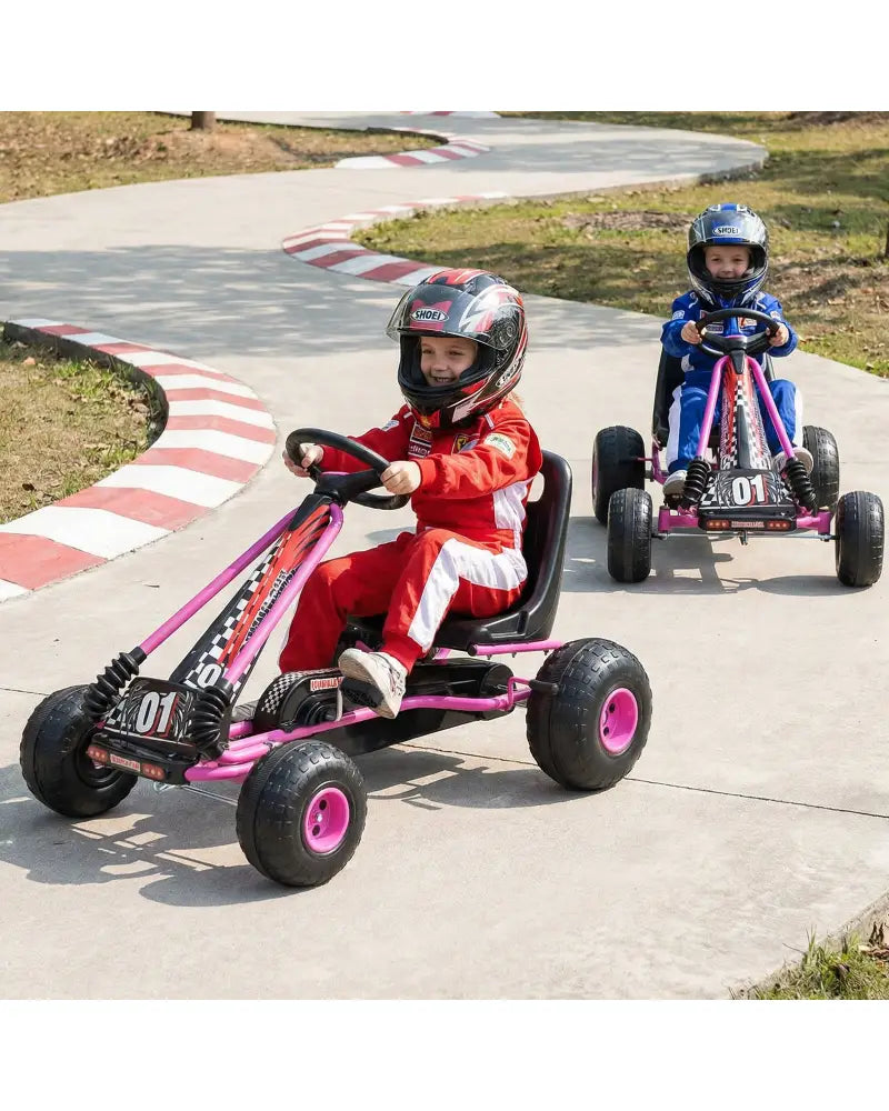Go Kart for Kids 4 Wheels Pedal with Adjustable Seat and Multi-Terrain Wheels-Pink - Pink - Push & Pedal Ride On Toys