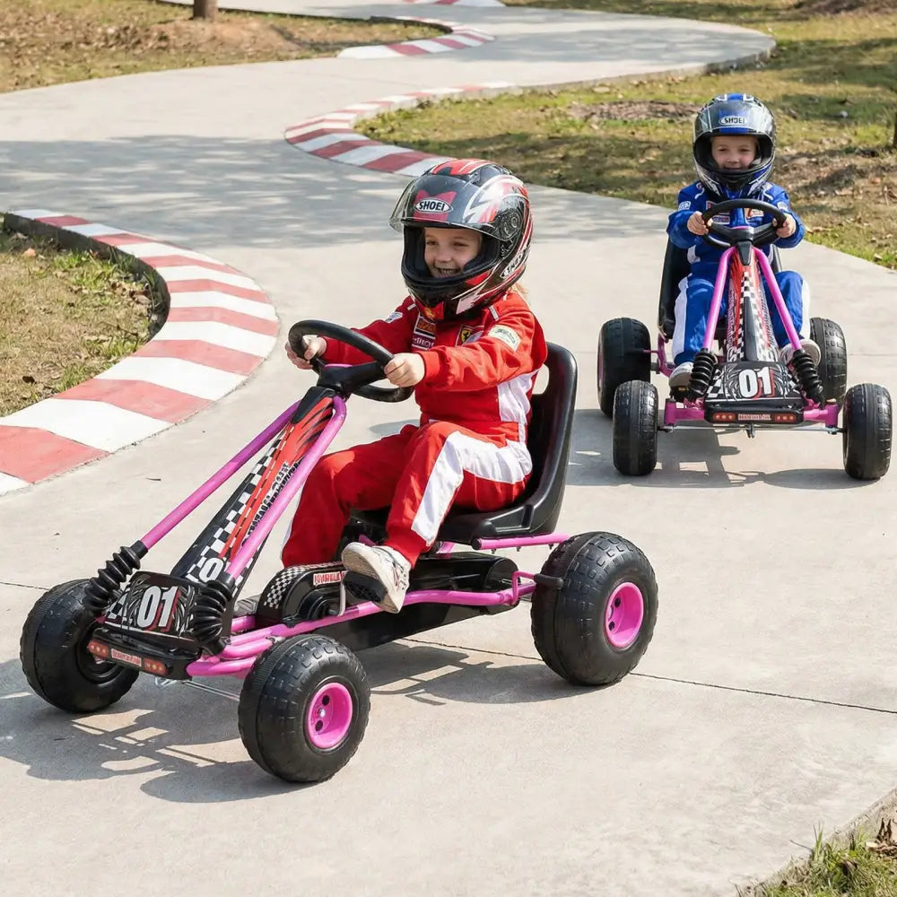 Go Kart for Kids 4 Wheels Pedal with Adjustable Seat and Multi-Terrain Wheels-Pink - Pink - Push & Pedal Ride On Toys