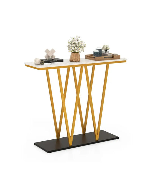 Gold Entryway Table 40 Inch Modern Console Table with Faux Marble Table and Metal Frame-White - White - Console Tables