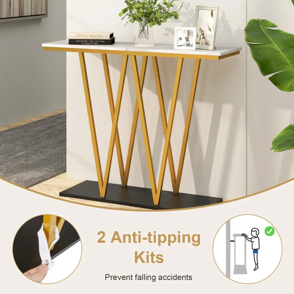 Gold Entryway Table 40 Inch Modern Console Table with Faux Marble Table and Metal Frame-White - White - Console Tables