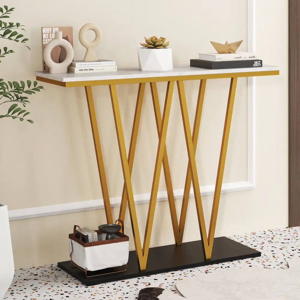 Gold Entryway Table 40 Inch Modern Console Table with Faux Marble Table and Metal Frame-White - White - Console Tables
