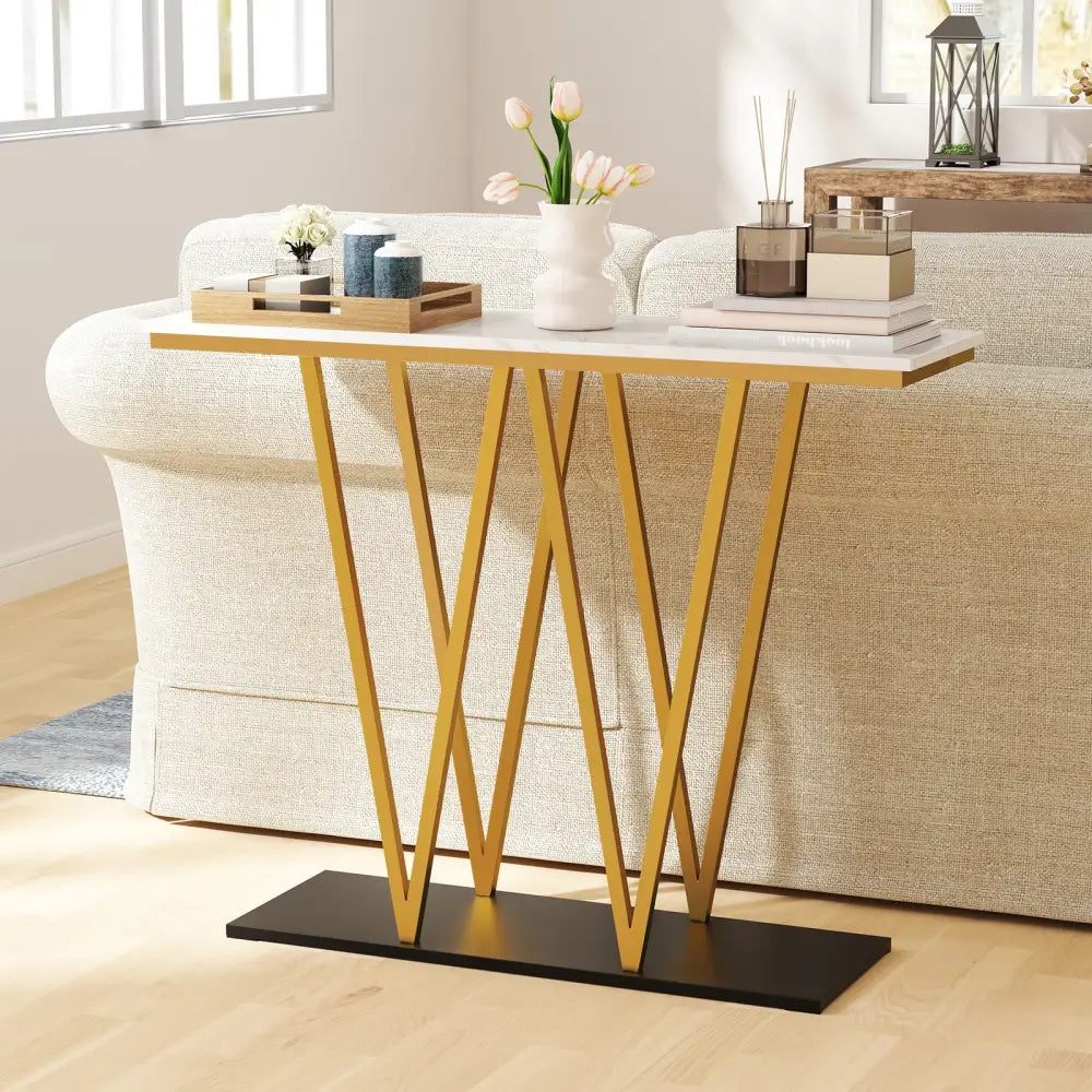 Gold Entryway Table 40 Inch Modern Console Table with Faux Marble Table and Metal Frame-White - White - Console Tables