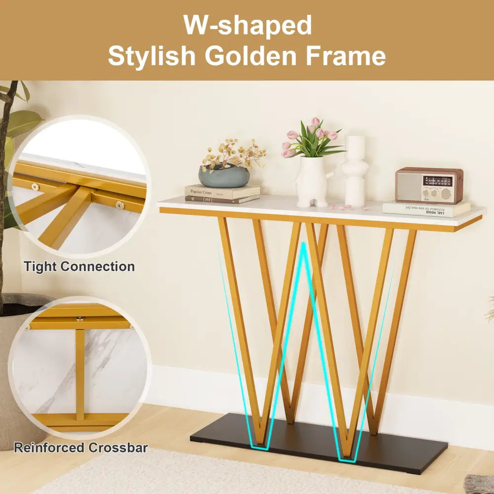 Gold Entryway Table 40 Inch Modern Console Table with Faux Marble Table and Metal Frame-White - White - Console Tables
