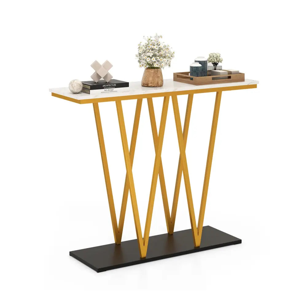 Gold Entryway Table 40 Inch Modern Console Table with Faux Marble Table and Metal Frame-White - White - Console Tables