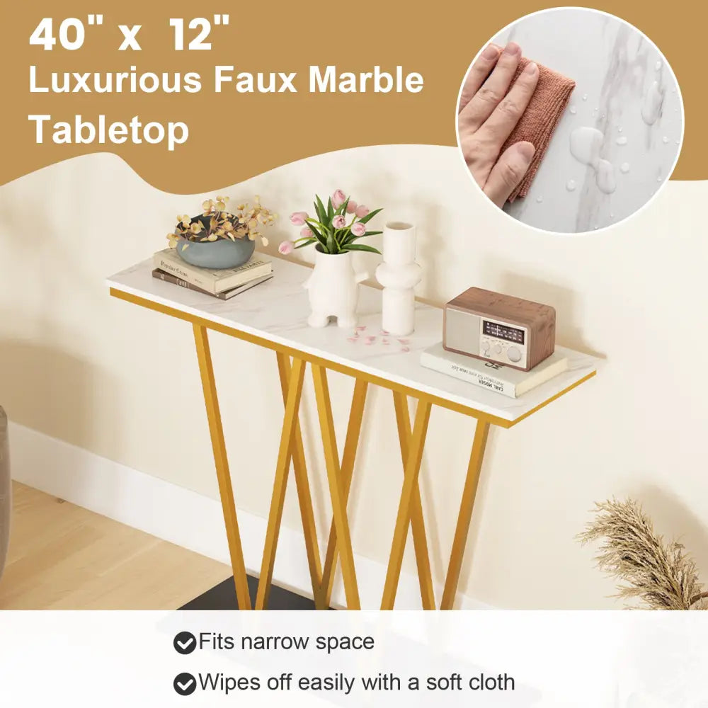Gold Entryway Table 40 Inch Modern Console Table with Faux Marble Table and Metal Frame-White - White - Console Tables