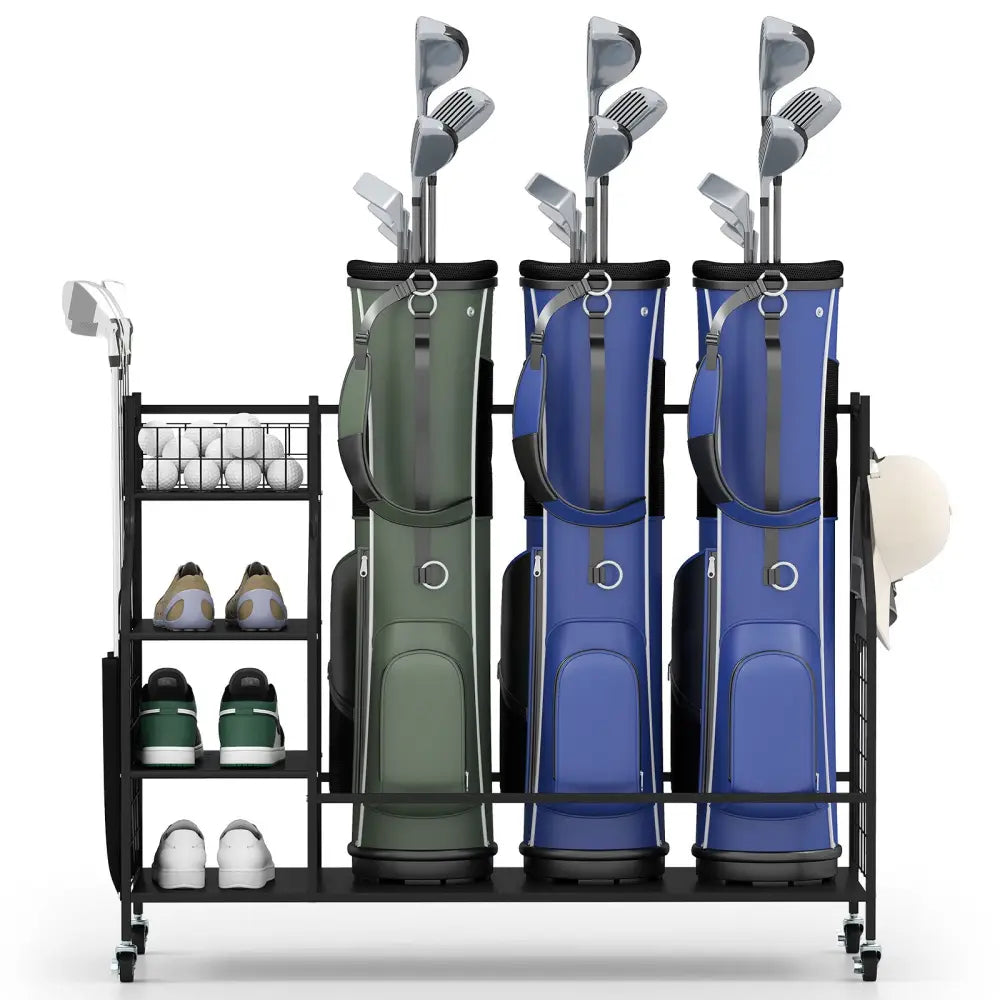 Golf Bag Organizer 3 Golf Bag Stand with Lockable Wheels and Hooks-Black - Black - Golf