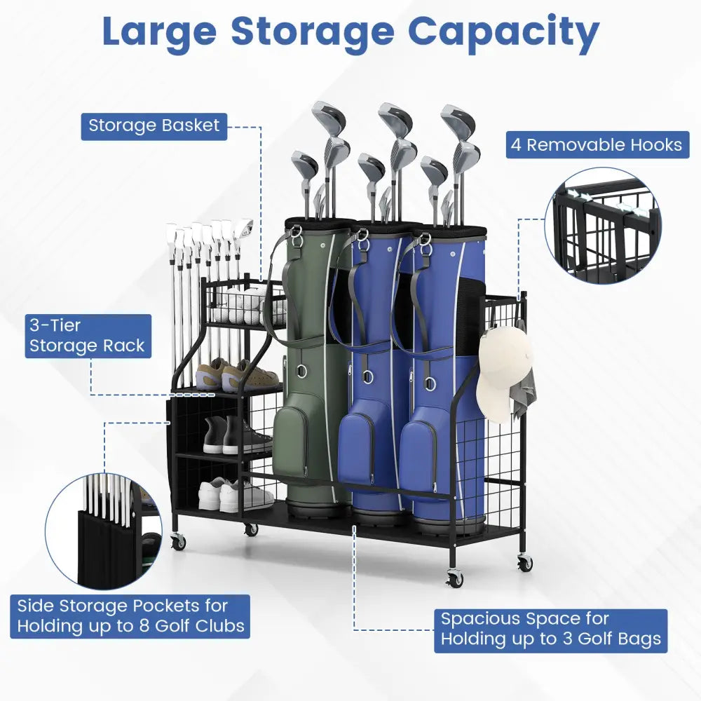 Golf Bag Organizer 3 Golf Bag Stand with Lockable Wheels and Hooks-Black - Black - Golf