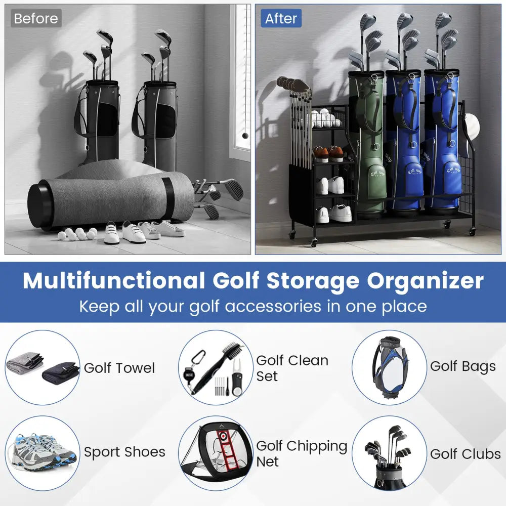 Golf Bag Organizer 3 Golf Bag Stand with Lockable Wheels and Hooks-Black - Black - Golf