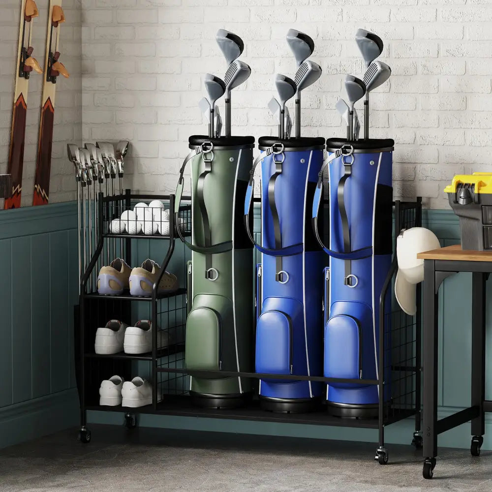Golf Bag Organizer 3 Golf Bag Stand with Lockable Wheels and Hooks-Black - Black - Golf