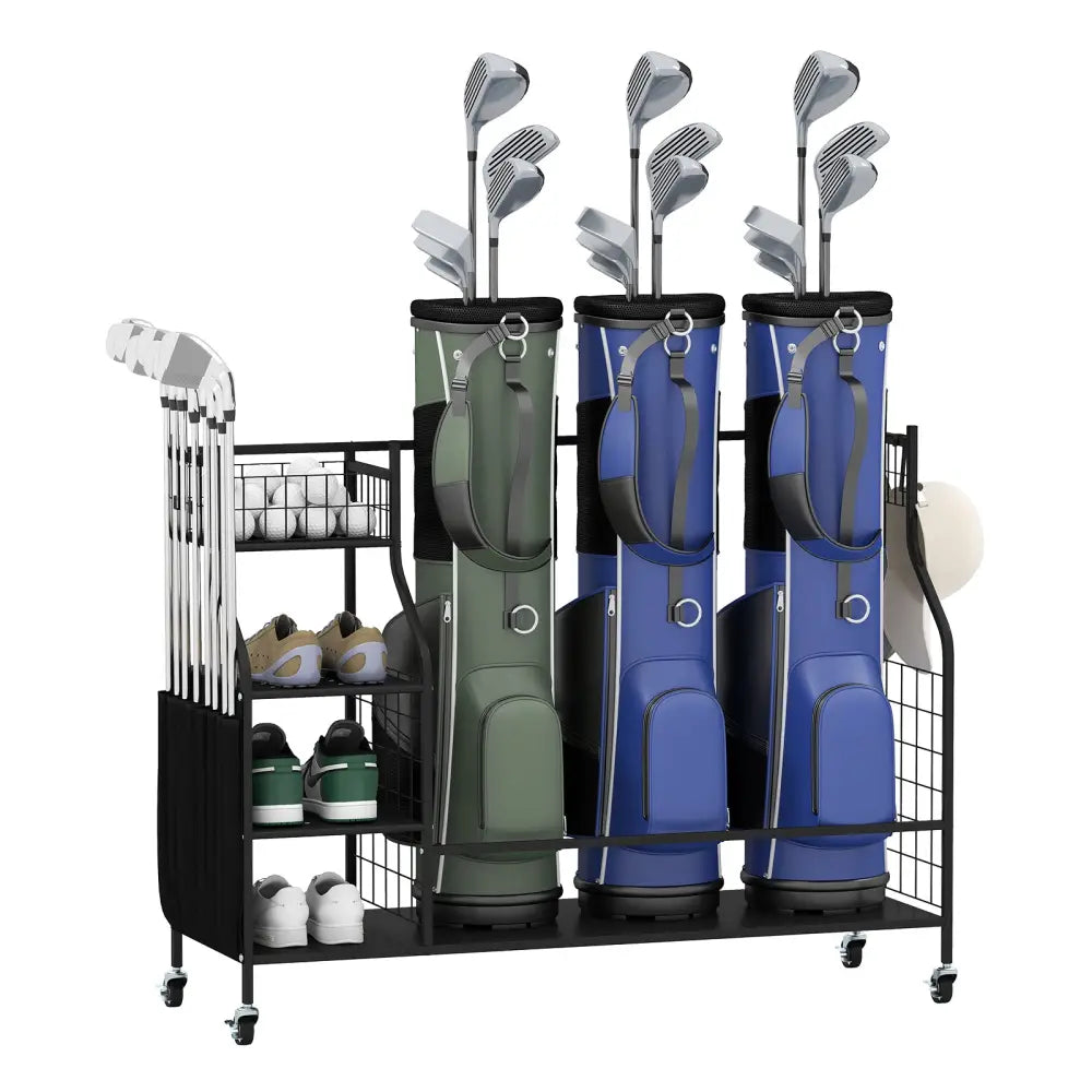 Golf Bag Organizer 3 Golf Bag Stand with Lockable Wheels and Hooks-Black - Black - Golf